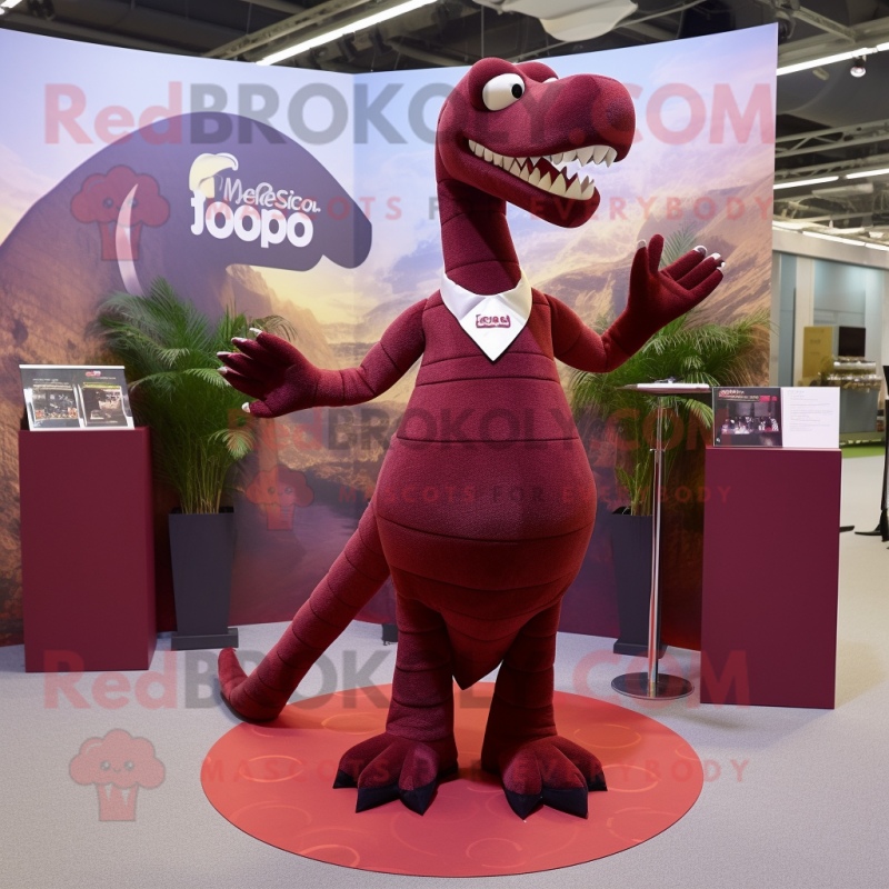 Maroon Diplodocus mascot costume character dressed with a Mini Skirt and Cufflinks Maroon Diplodocus mascot costume character dressed with a Mini Skirt and Cufflinks