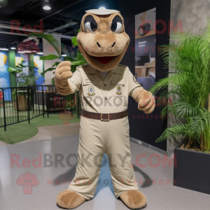 Tan Python mascot costume character dressed with a Cargo Pants and Lapel pins