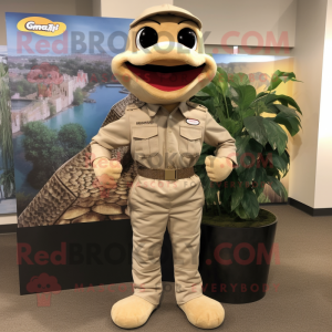Tan Python mascot costume character dressed with a Cargo Pants and Lapel pins