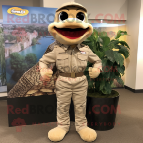 Tan Python maskot kostym karaktär klädd med en Cargo Pants och Lapel pins - Python Mascots - REDBROKO_134026 - RedBrokoly.com