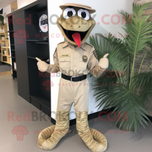 Tan Python mascot costume character dressed with a Cargo Pants and Lapel pins