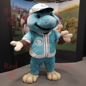 Cyan Glyptodon mascot costume character dressed with a Baseball Tee and Shoe laces