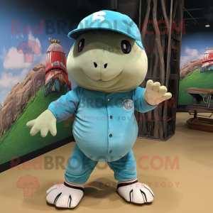 Cyan Glyptodon mascot costume character dressed with a Baseball Tee and Shoe laces