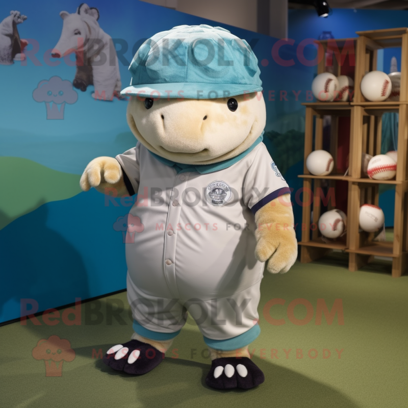 Cyan Glyptodon mascot costume character dressed with a Baseball Tee and Shoe laces Cyan Glyptodon mascot costume character dressed with a Baseball Tee and Shoe laces