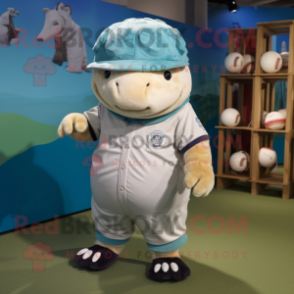 Cyan Glyptodon mascot costume character dressed with a Baseball Tee and Shoe laces