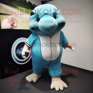 Cyan Glyptodon mascot costume character dressed with a Baseball Tee and Shoe laces
