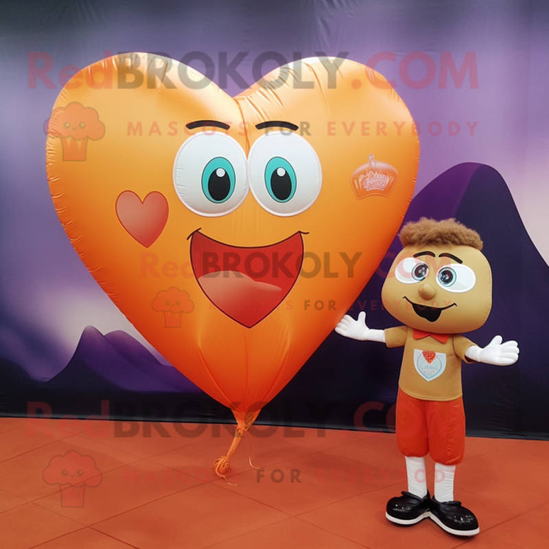 Peach Heart Shaped Balloons mascot costume character dressed with a Henley Shirt and Coin purses Peach Heart Shaped Balloons mascot costume character dressed with a Henley Shirt and Coin purses