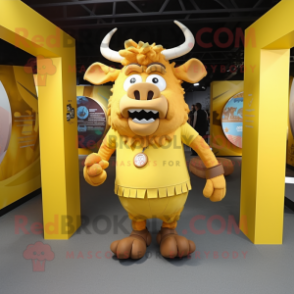 Yellow Minotaur mascot costume character dressed with a A-Line Dress and Messenger bags