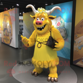 Yellow Minotaur mascot costume character dressed with a A-Line Dress and Messenger bags