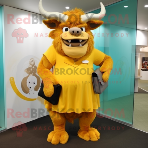 Yellow Minotaur mascot costume character dressed with a A-Line Dress and Messenger bags