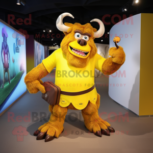 Yellow Minotaur mascot costume character dressed with a A-Line Dress and Messenger bags