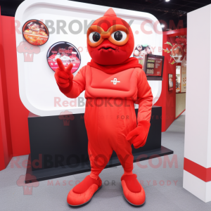 Red Fried Chicken mascot costume character dressed with a Turtleneck and Rings