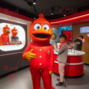 Red Fried Chicken mascot costume character dressed with a Turtleneck and Rings