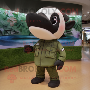 Olive Killer Whale mascot costume character dressed with a Cargo Pants and Headbands