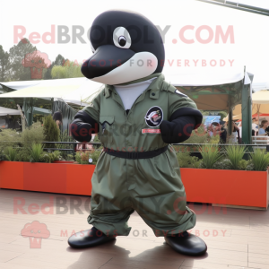 Olive Killer Whale mascot costume character dressed with a Cargo Pants and Headbands