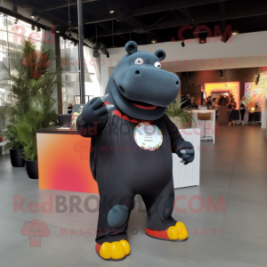 Black Hippopotamus mascot costume character dressed with a Flare Jeans and Cummerbunds