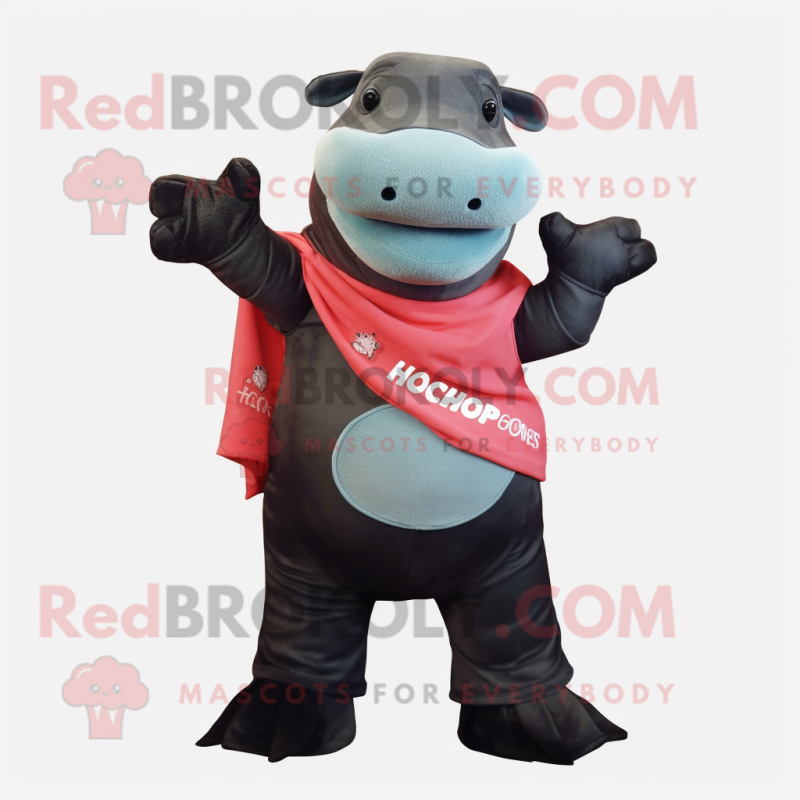 Black Hippopotamus mascot costume character dressed with a Flare Jeans and Cummerbunds