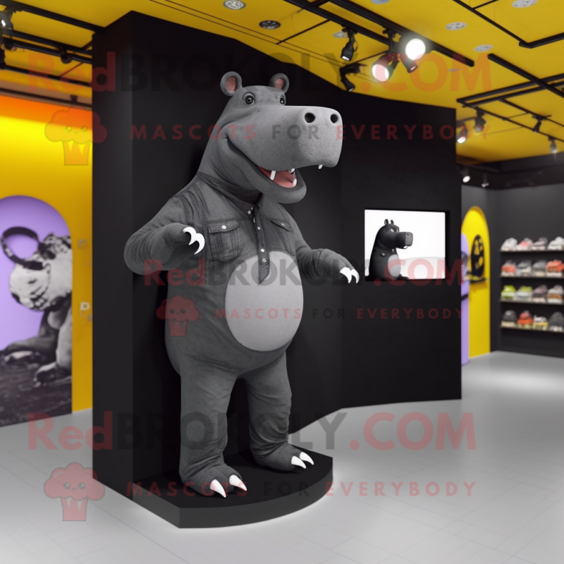 Black Hippopotamus mascot costume character dressed with a Flare Jeans and Cummerbunds