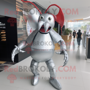 Silver Lobster mascot costume character dressed with a Shift Dress and Digital watches