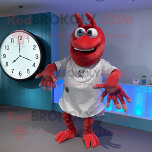 Silver Lobster mascot costume character dressed with a Shift Dress and Digital watches