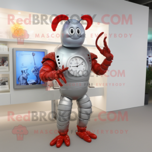 Silver Lobster mascot costume character dressed with a Shift Dress and Digital watches