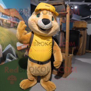 Yellow Marmot mascot costume character dressed with a Cargo Pants and Mittens