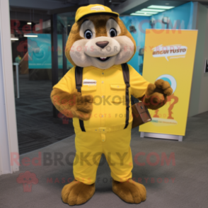 Yellow Marmot mascot costume character dressed with a Cargo Pants and Mittens