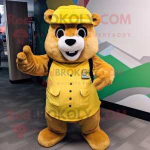 Yellow Marmot mascot costume character dressed with a Cargo Pants and Mittens