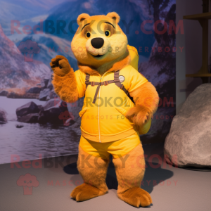 Yellow Marmot mascot costume character dressed with a Cargo Pants and Mittens