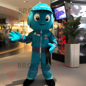 Teal Cod mascot costume character dressed with a Jumpsuit and Keychains