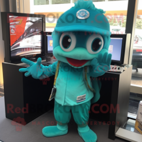 Teal Cod mascot costume character dressed with a Jumpsuit and Keychains