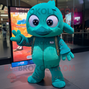 Teal Cod mascot costume character dressed with a Jumpsuit and Keychains