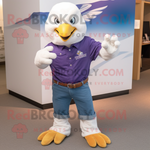 Lavender Bald Eagle mascot costume character dressed with a Jeans and Keychains