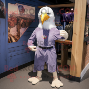 Lavender Bald Eagle mascot costume character dressed with a Jeans and Keychains