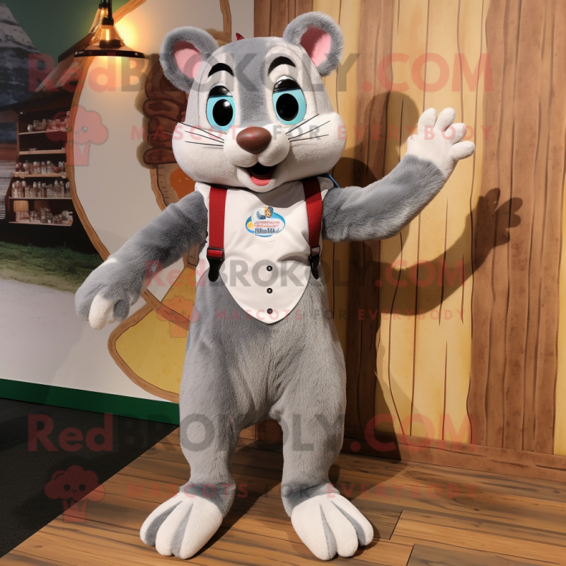 Gray Weasel mascot costume character dressed with a A-Line Dress and Suspenders