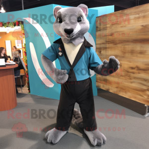 Gray Weasel mascot costume character dressed with a A-Line Dress and Suspenders