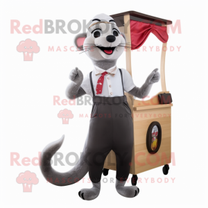 Gray Weasel mascot costume character dressed with a A-Line Dress and Suspenders