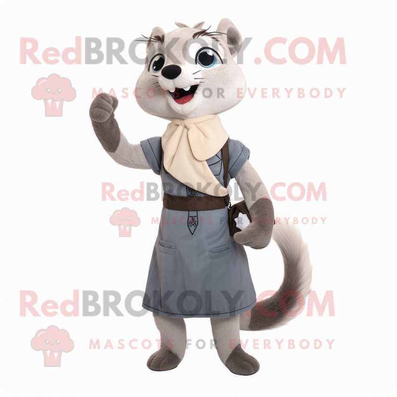 Gray Weasel mascot costume character dressed with a A-Line Dress and Suspenders