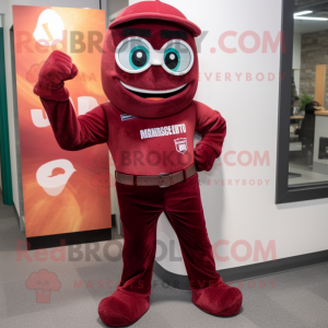 Maroon But mascot costume character dressed with a Flare Jeans and Watches