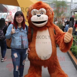 Cream Orangutan mascot costume character dressed with a Boyfriend Jeans and Wraps