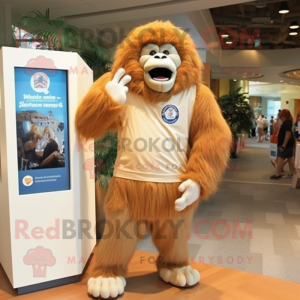 Cream Orangutan mascot costume character dressed with a Boyfriend Jeans and Wraps