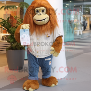 Cream Orangutan mascot costume character dressed with a Boyfriend Jeans and Wraps