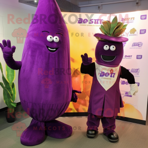 Purple Beet mascot costume character dressed with a Maxi Dress and Ties