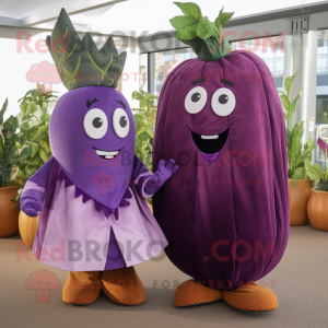 Purple Beet mascot costume character dressed with a Maxi Dress and Ties