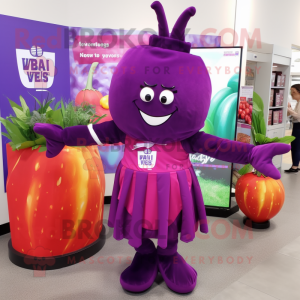 Purple Beet mascot costume character dressed with a Maxi Dress and Ties