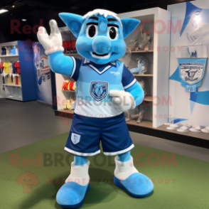 Sky Blue Ray mascot costume character dressed with a Rugby Shirt and Suspenders