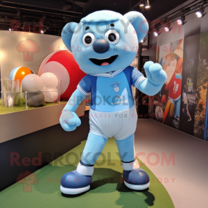 Sky Blue Ray mascot costume character dressed with a Rugby Shirt and Suspenders