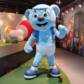Sky Blue Ray mascot costume character dressed with a Rugby Shirt and Suspenders