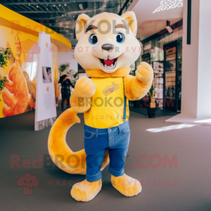 Yellow Ferret mascot costume character dressed with a Bootcut Jeans and Mittens
