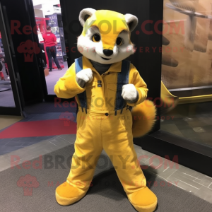 Yellow Ferret mascot costume character dressed with a Bootcut Jeans and Mittens